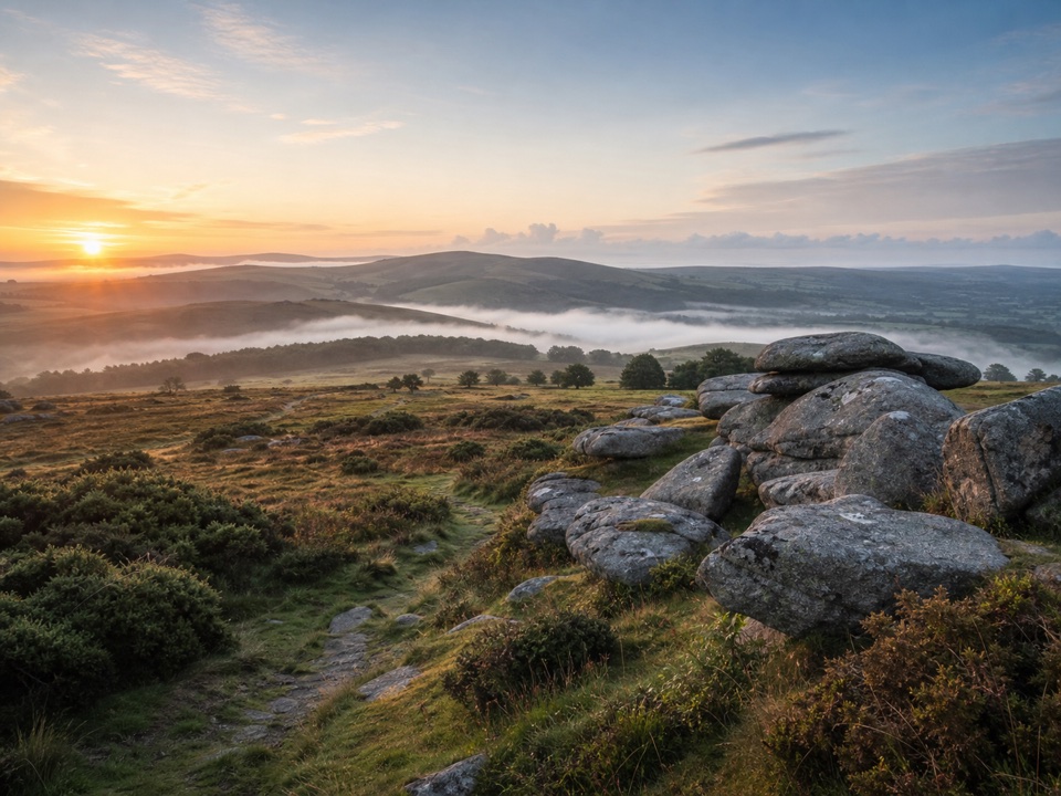 Dartmoor moorland at sunrise