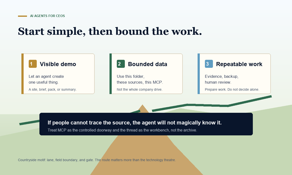 Infographic showing the simple CEO route for AI agents: run a visible demo, bound the data, choose one repeatable workflow, and keep evidence and human review around the agent.