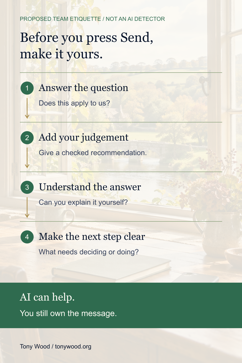 Four proposed checks before sending: answer the question, add your judgement, understand the answer and make the next step clear.