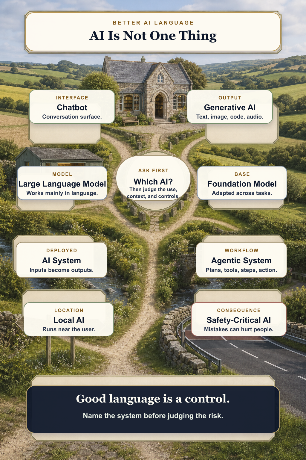 Infographic in an English countryside library map showing why AI is not one thing, with clearer labels such as chatbot, generative AI, large language model, foundation model, AI system, agentic system, local AI, and safety-critical AI.