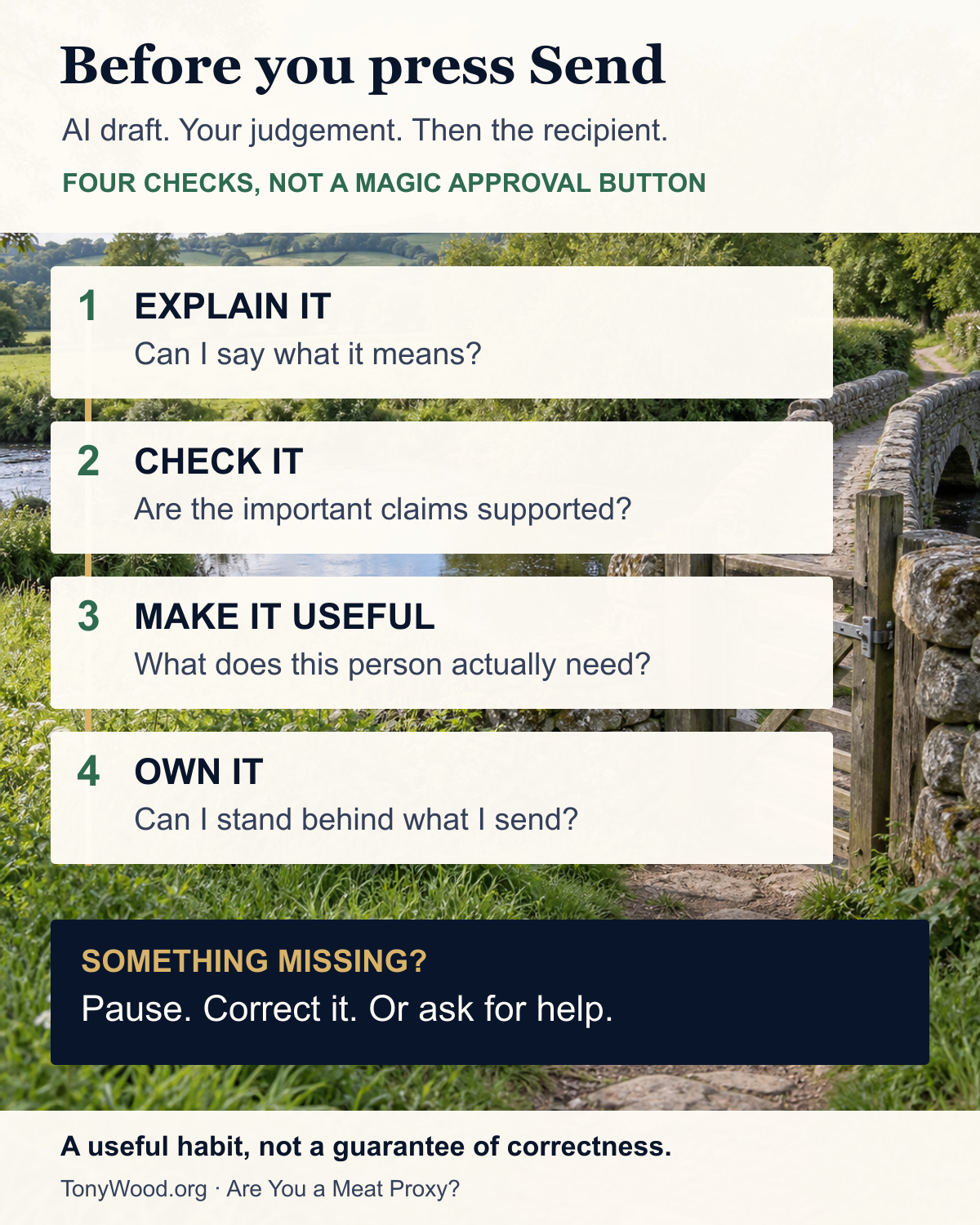 Before you press Send: explain it, check it, make it useful, own it. If a check fails, pause, correct or ask for help. A human in the loop must add judgement, not just forward the output.