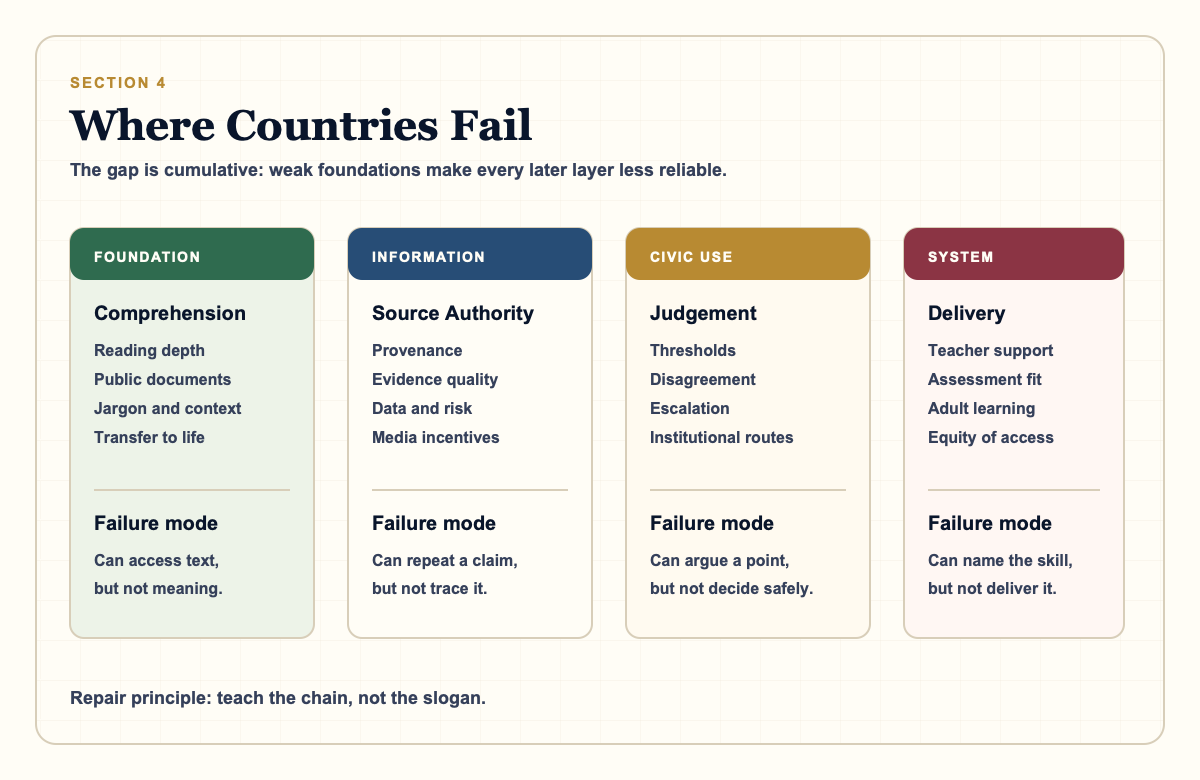 Diagram mapping failure areas across foundations, information judgement, civic judgement, AI judgement, and system design.