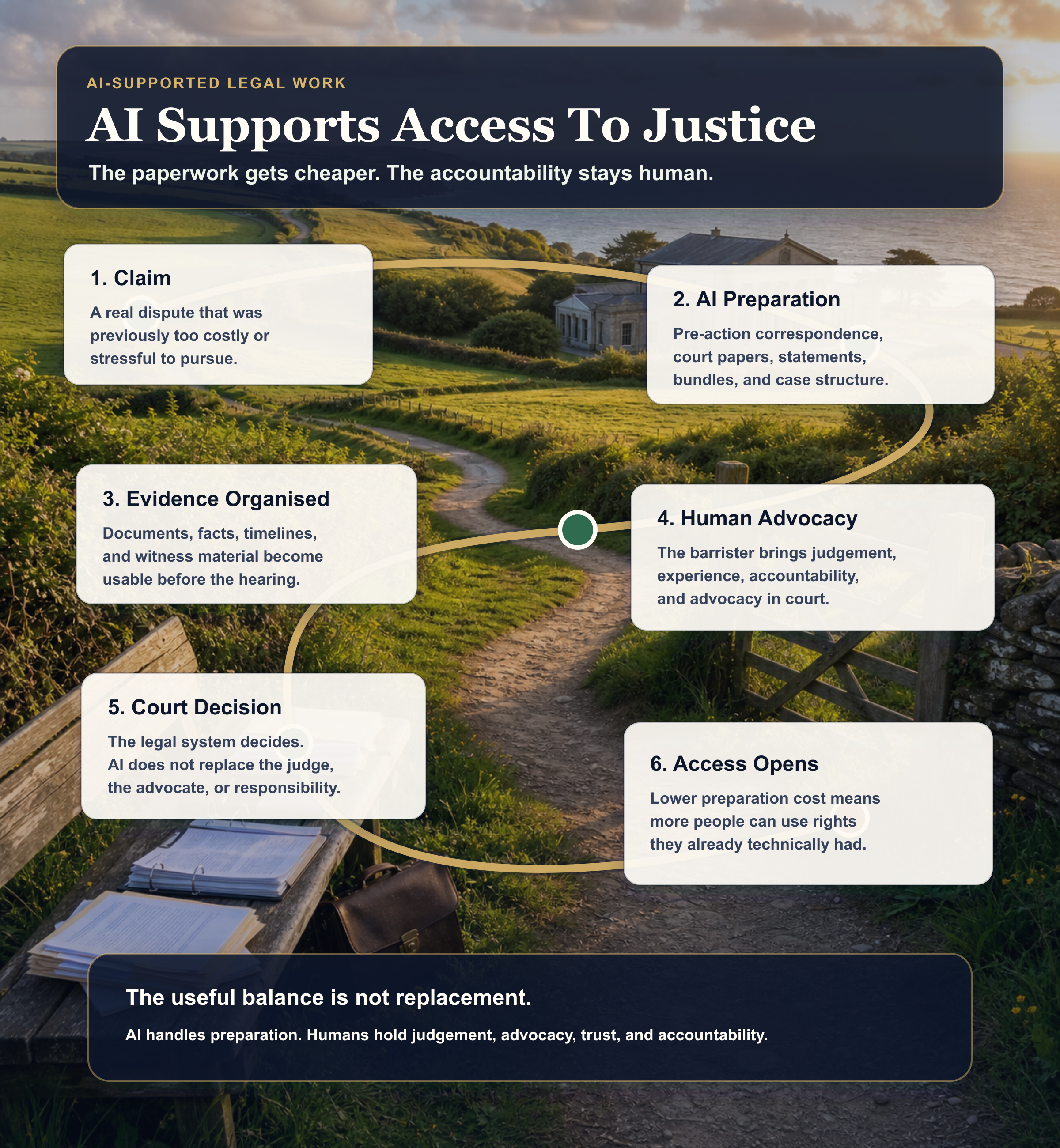 Infographic showing AI-supported legal preparation: claim, documents, evidence, human advocacy, court decision, and access to justice.
