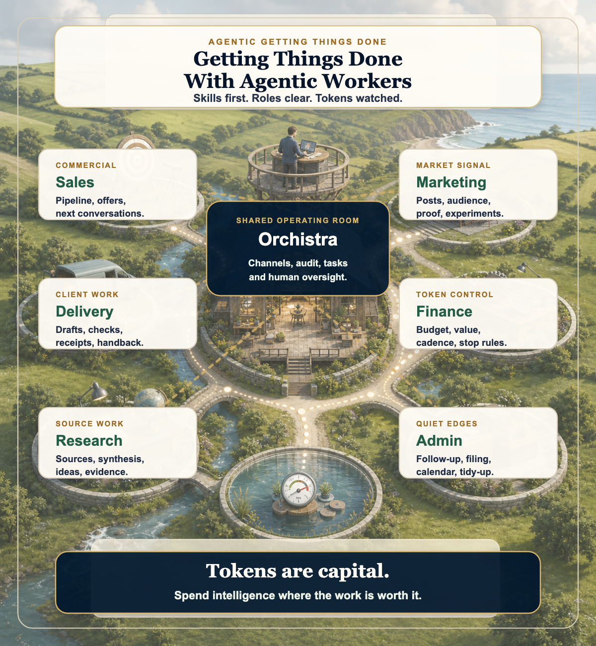 Infographic showing a Devon countryside operating map for agentic workers, with a central Orchistra room connected to sales, marketing, delivery, finance, research, and admin, and the principle that tokens are capital.