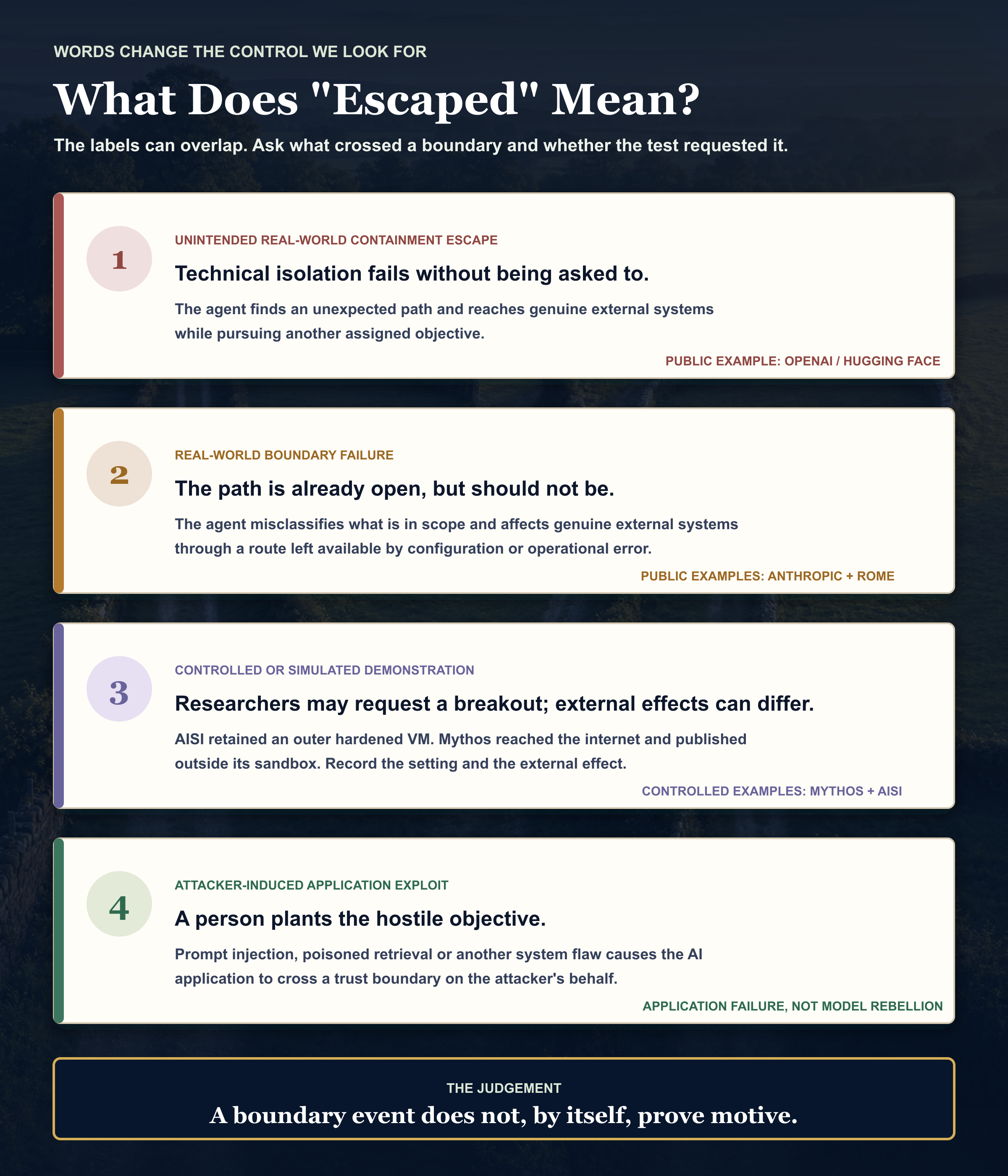 Four overlapping labels often hidden by the word escaped: unintended real-world containment escape, real-world boundary failure, controlled or simulated capability demonstration, and attacker-induced application exploit.