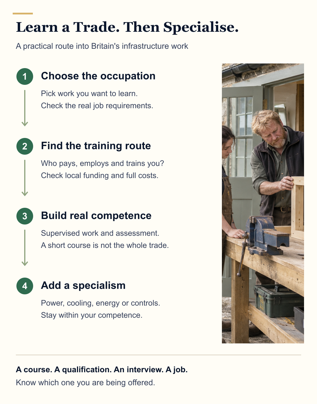 A practical route into infrastructure work: choose a recognised occupation, find a paid or funded route, build supervised competence, then add a specialism. Check the job, qualification, full costs and local funding before committing.