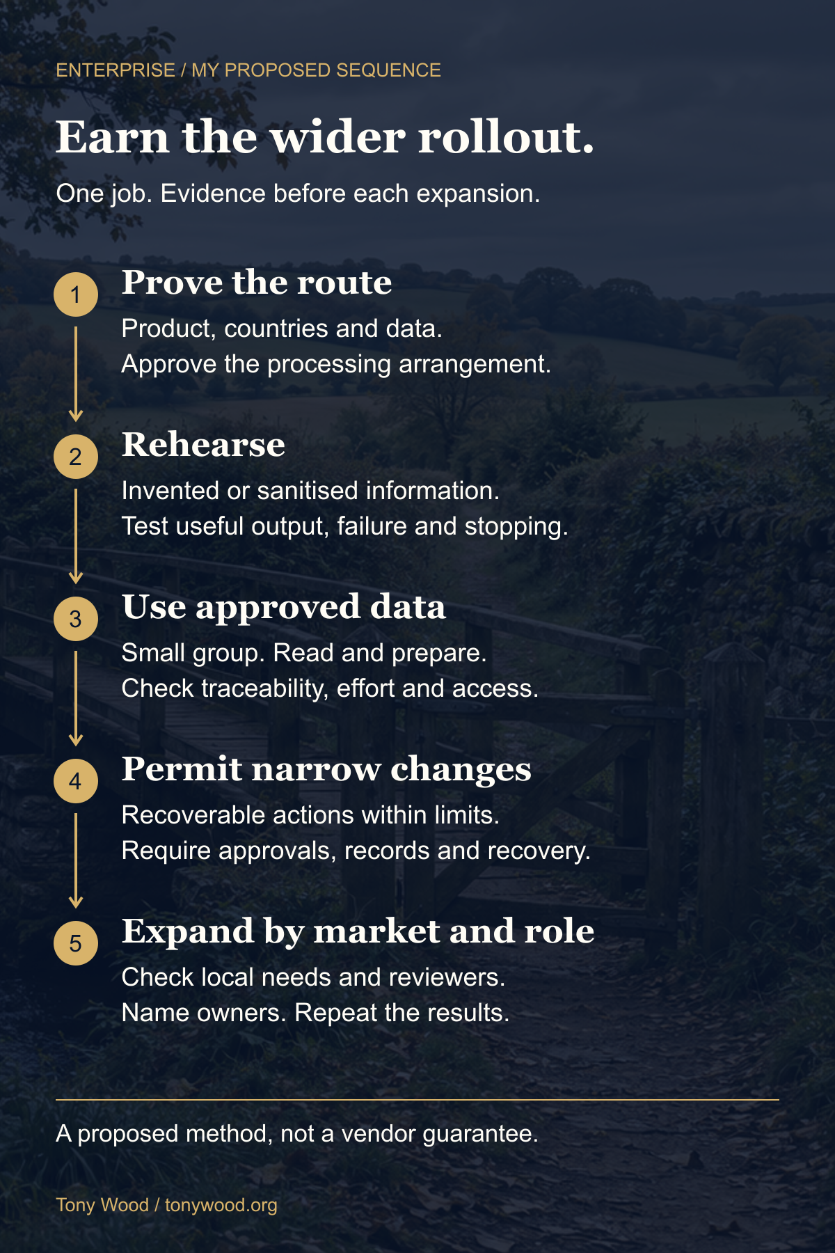 Five proposed rollout stages, from proving the route to expansion by market and role, with evidence required before each expansion.