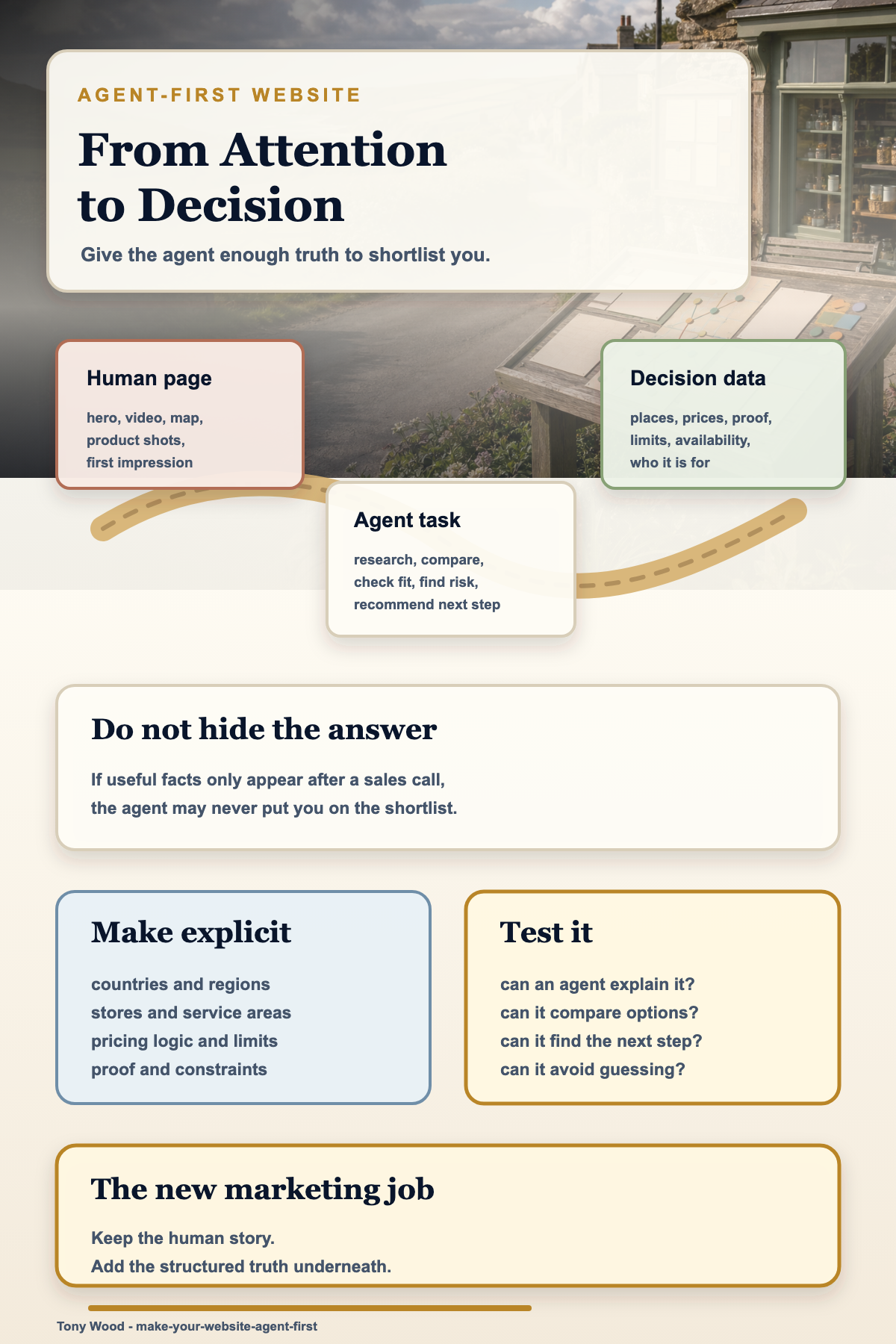 Infographic set in an English coastal village scene showing the shift from attention-first marketing to agent-first decision data.