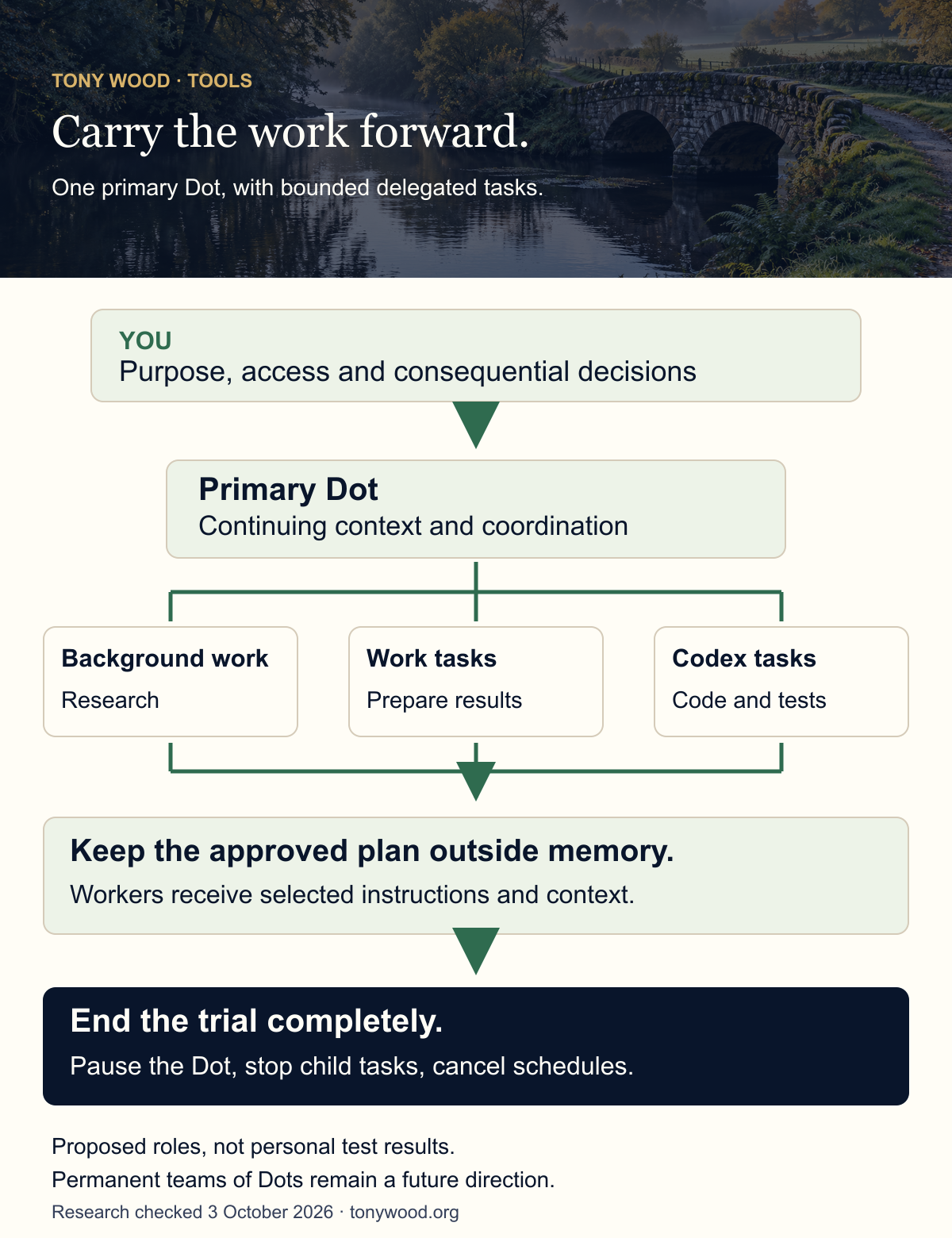 Proposed Dot coordination: a human sets purpose and access, one primary Dot delegates research, Work and Codex tasks, the approved plan stays outside memory, and stopping includes the Dot, child tasks and schedules.