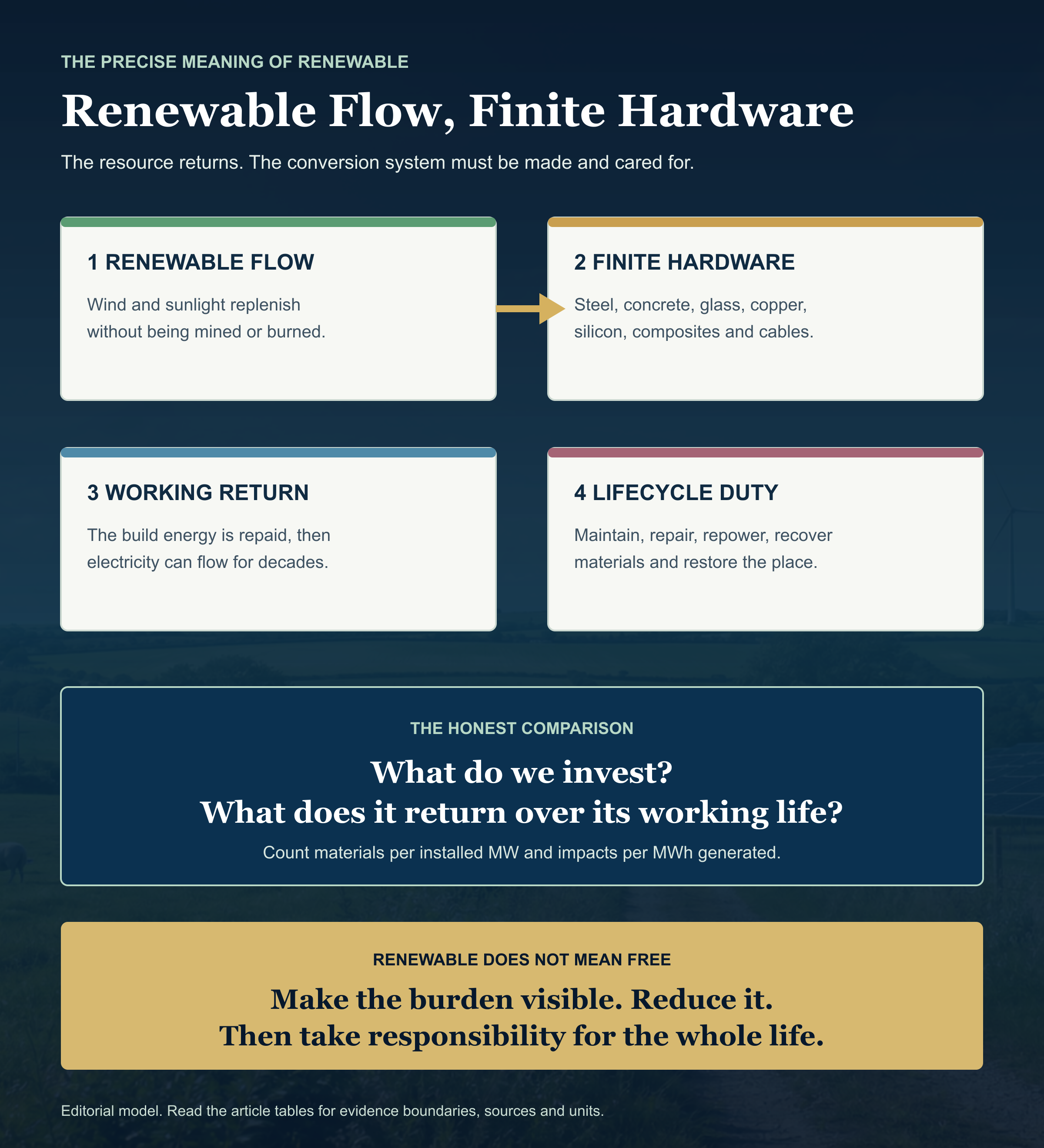 Diagram separating renewable wind and sunlight from the finite manufactured equipment, land, maintenance and end-of-life systems needed to turn those flows into electricity.