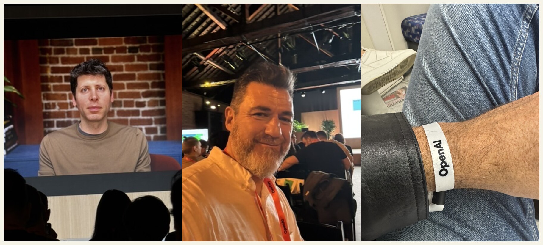 Three photographs from a previous OpenAI London event: Sam Altman speaking on screen, Tony Wood in the audience and an OpenAI event wristband.
