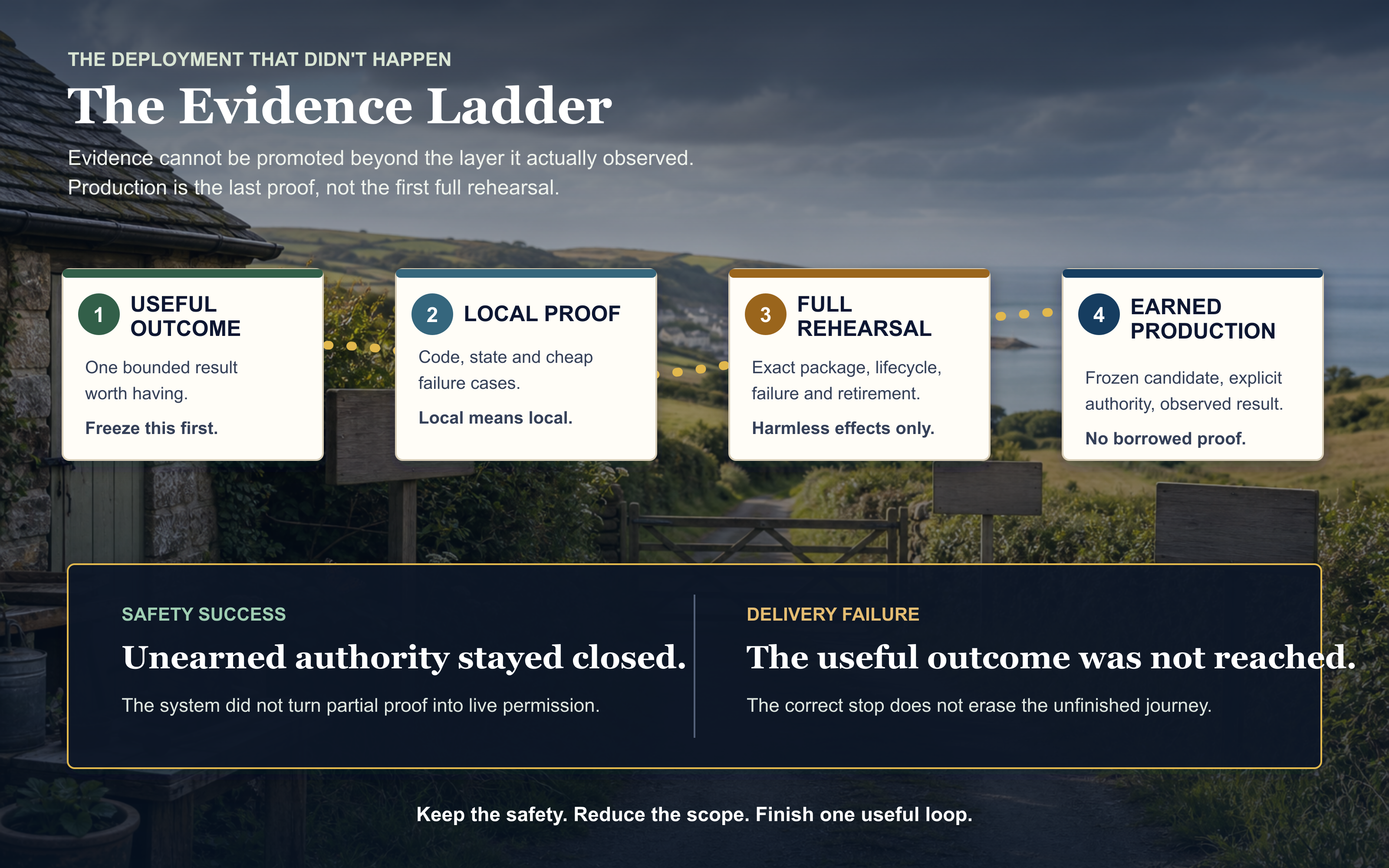 A Devon coastal route showing the evidence ladder from a small useful outcome through local proof and full rehearsal to an earned production release.