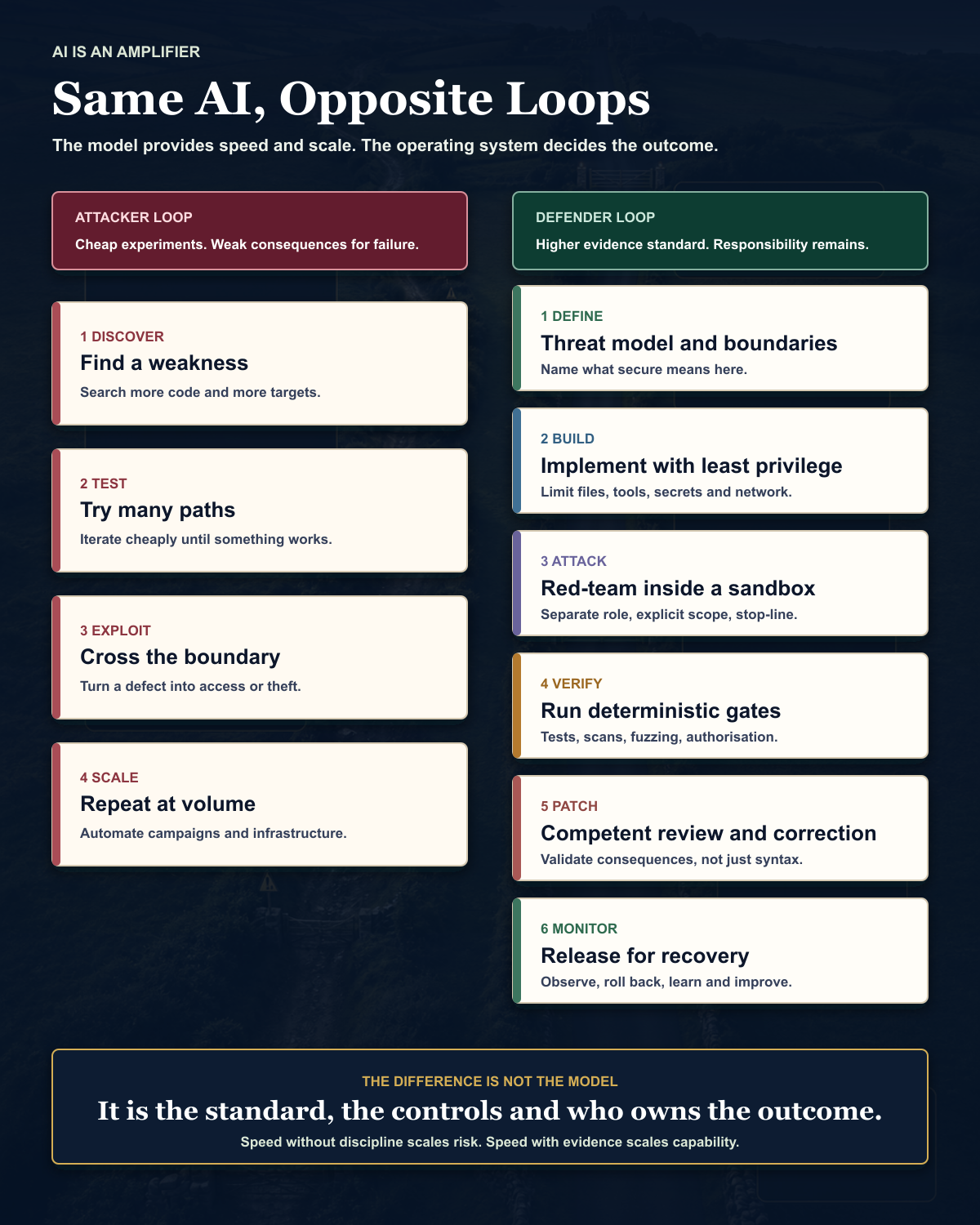 Two parallel countryside routes show how attackers use AI to discover, test, exploit and scale while defenders define, build, attack, verify, patch and monitor.