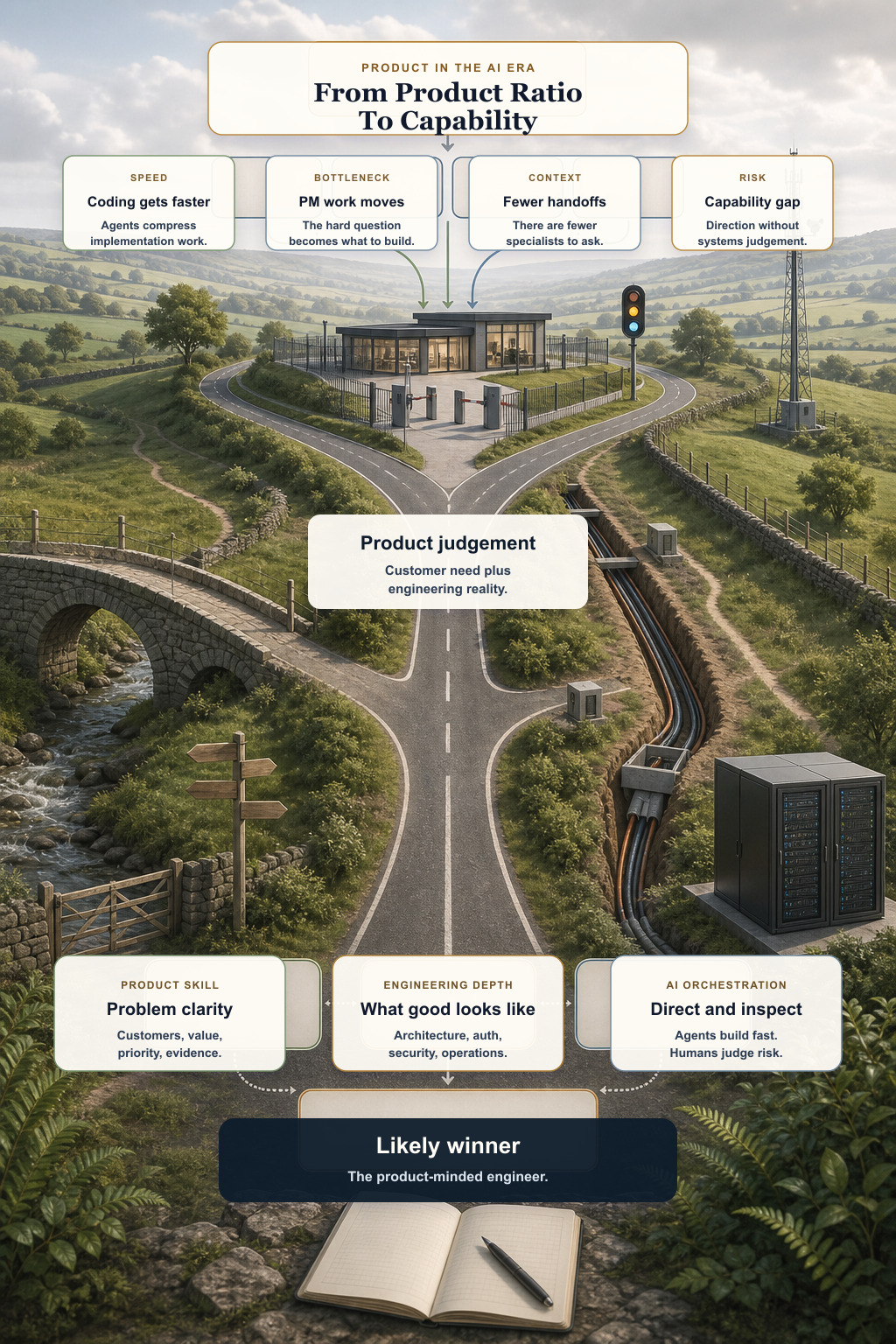 Infographic showing the product manager role shifting from ratio pressure to engineering-grade product judgement across customers, systems, security, architecture, AI orchestration, and commercial outcomes.