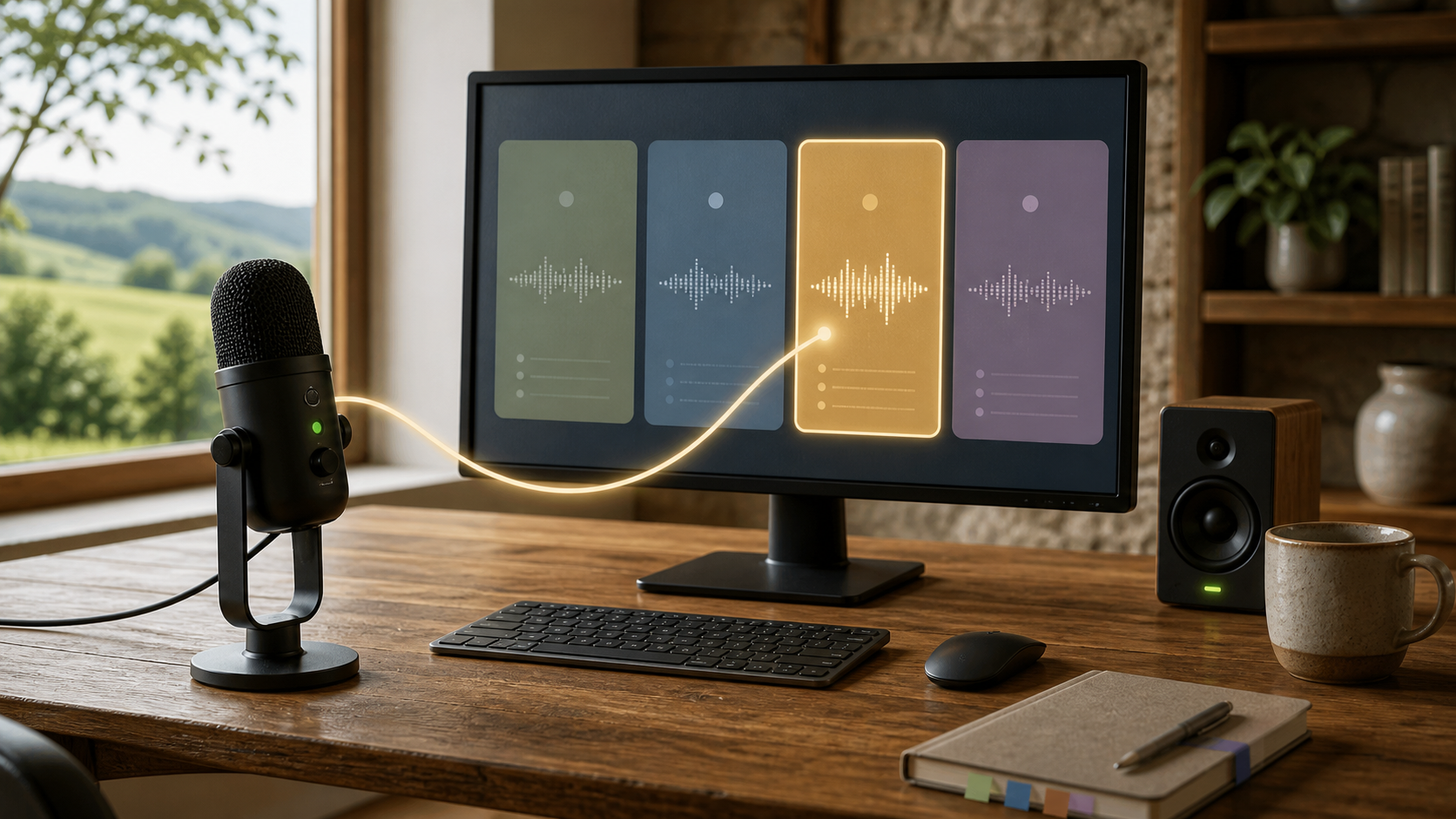 A desktop microphone connects to one selected task pane while three other task panes remain visible on the shared monitor.