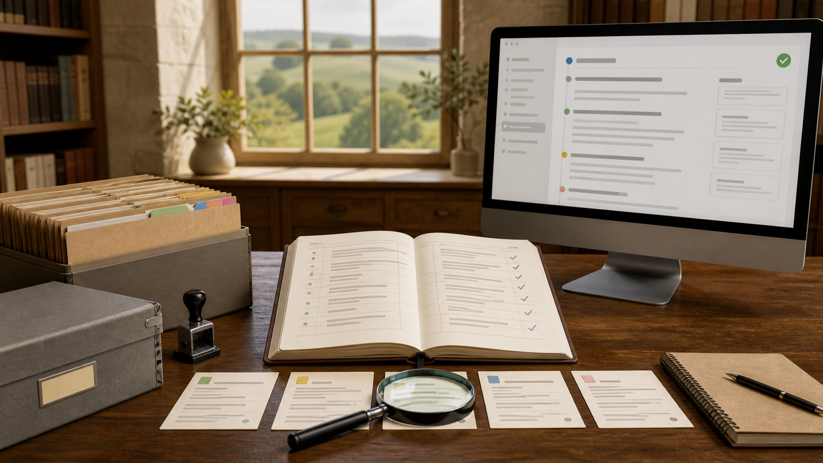 Source folders, a review ledger, reference cards and a reviewed wiki page form a visible evidence chain in a country archive office.