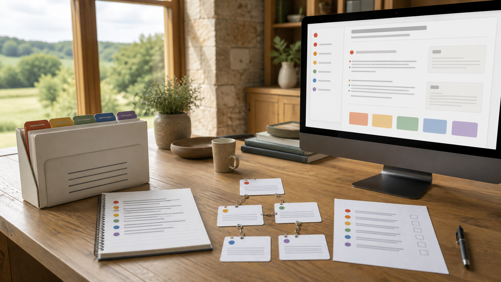 The same knowledge appears as source folders, a notebook, linked cards, a checklist and a web page on a country-office desk.
