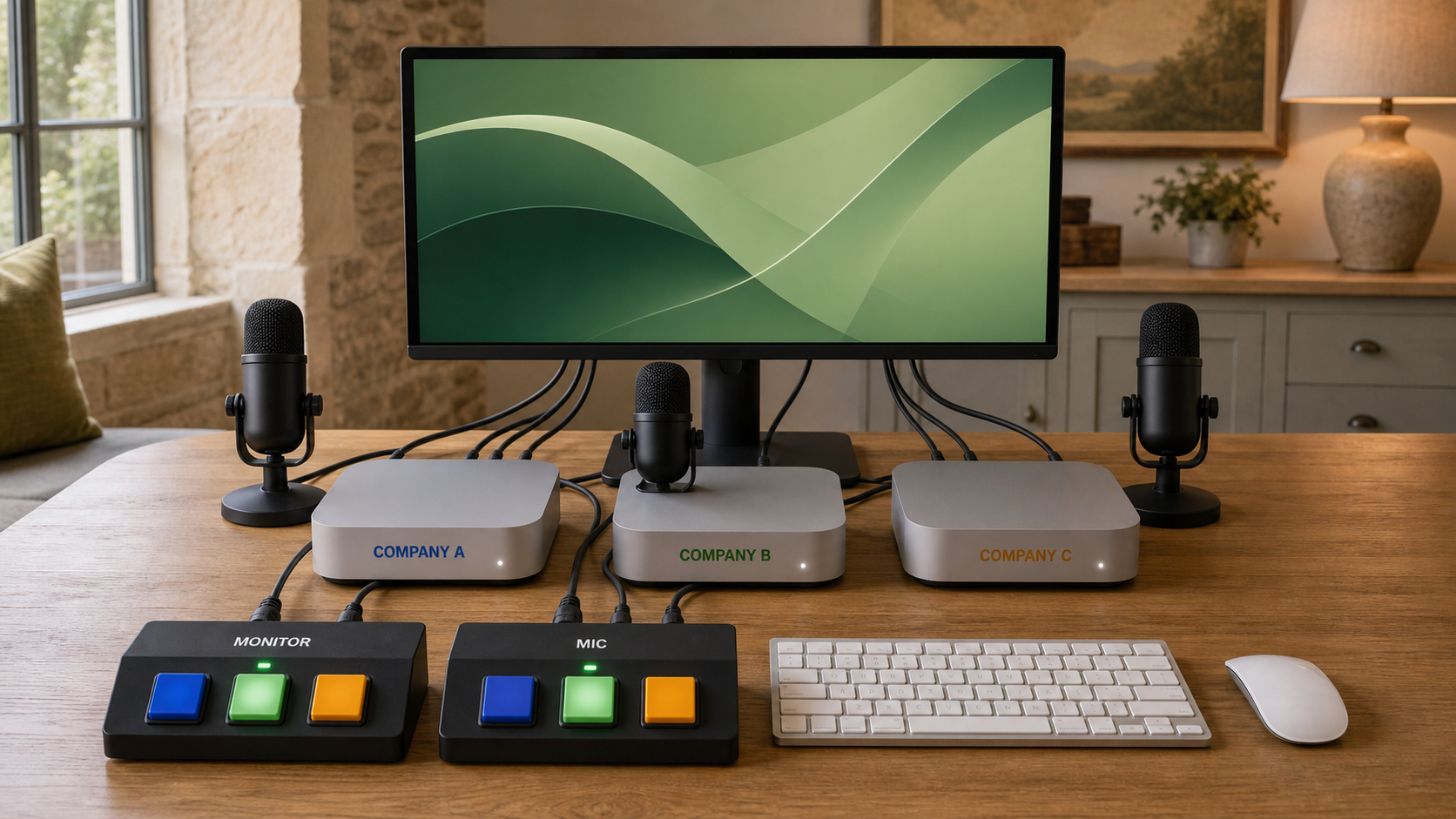 Three labelled Mac Mini-style computers and microphones remain powered while green monitor and microphone switch buttons select Company B.