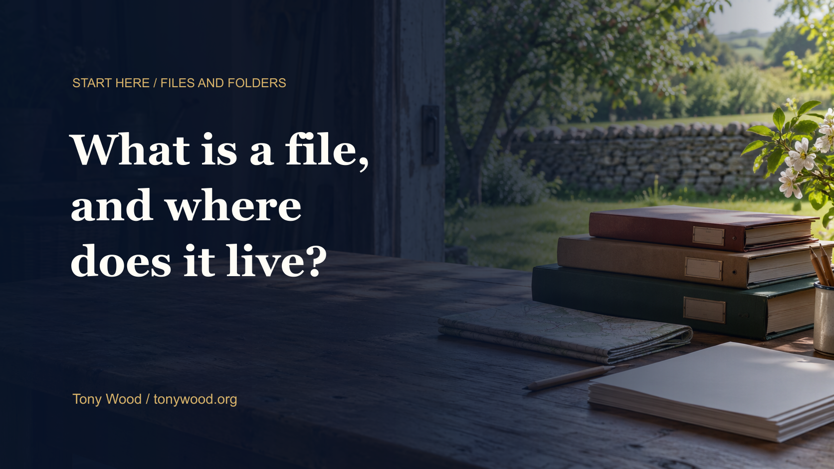 Plain archive folders and a folded map on a country-workshop table overlooking an orchard. Generated fictional scene with no people.
