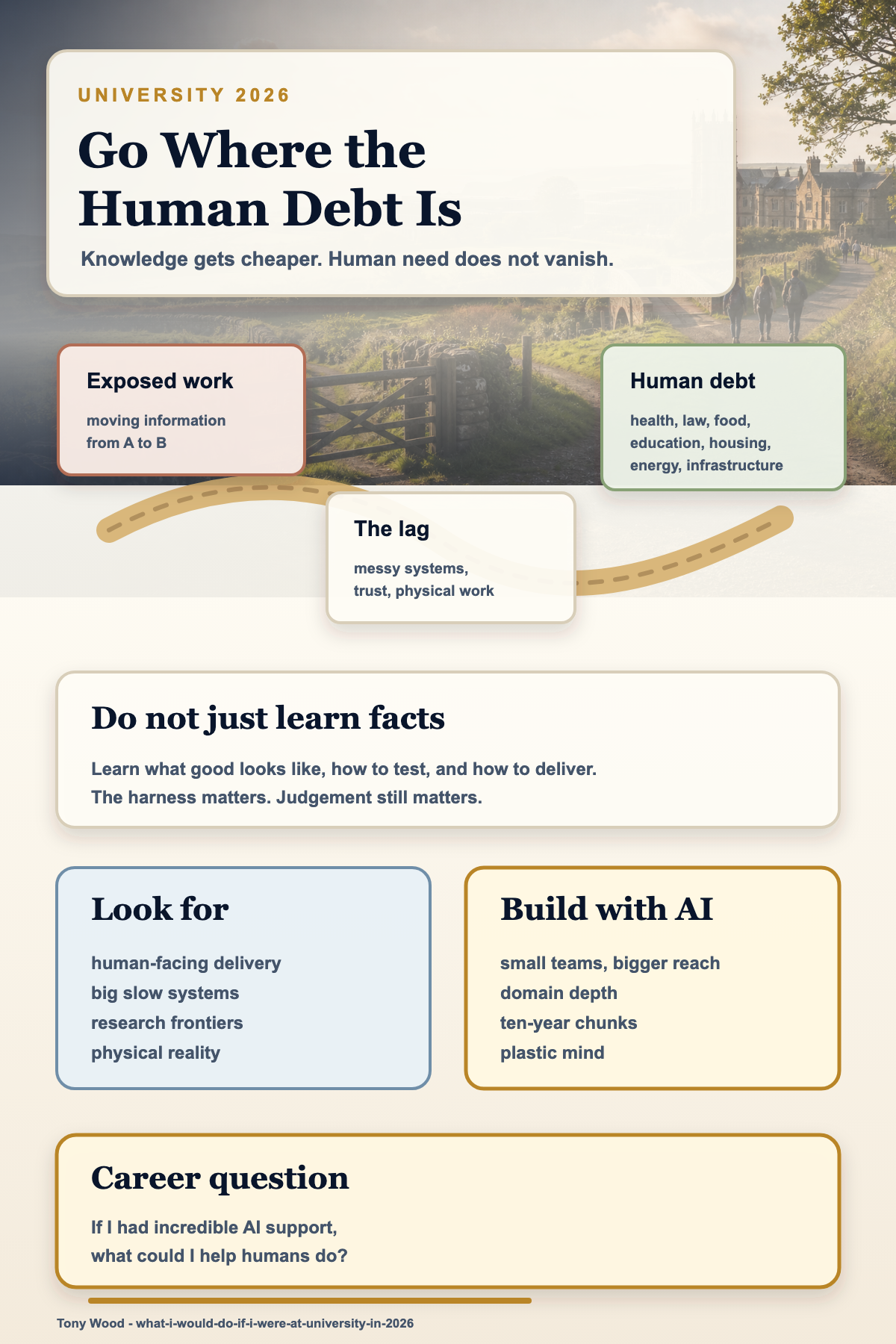 Infographic set in an English university countryside scene showing students how to choose work by looking for human debt, using AI as leverage, and avoiding pure information-transfer careers.