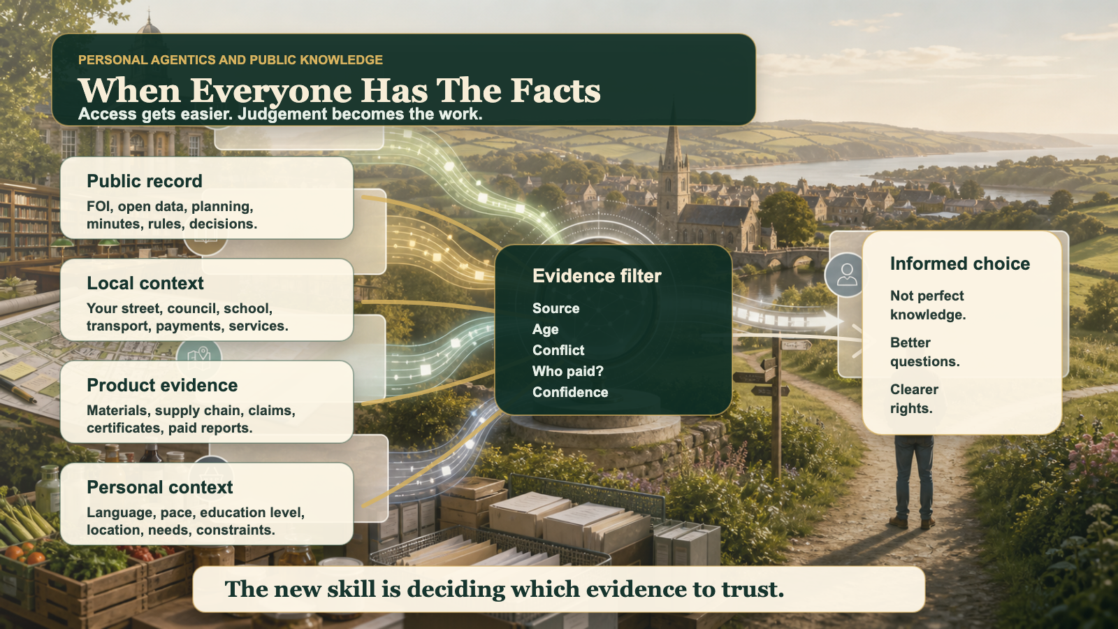 Infographic showing public records, local context, product evidence, and personal context feeding into an evidence filter before becoming an informed choice.