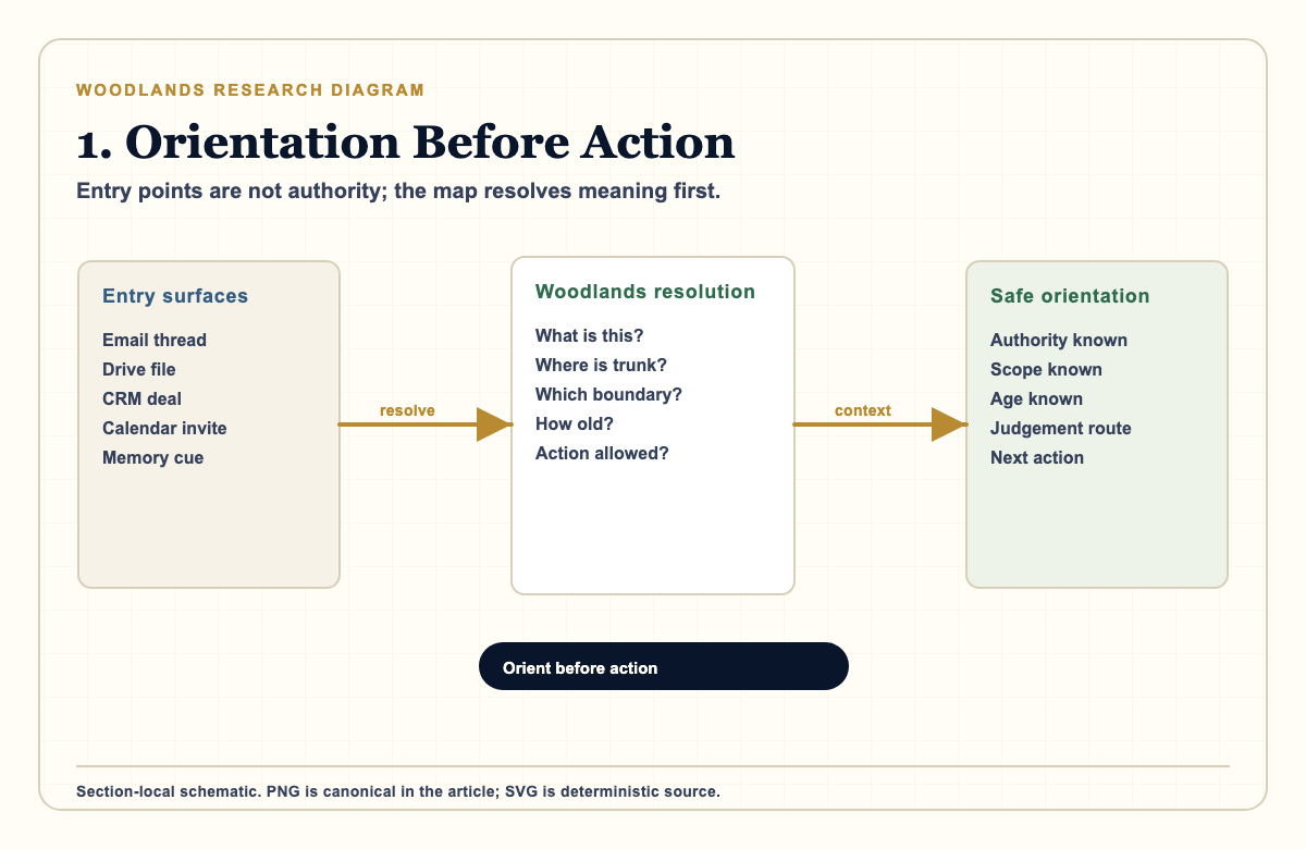 Research diagram showing entry surfaces resolved through a Woodlands orientation layer before safe action.